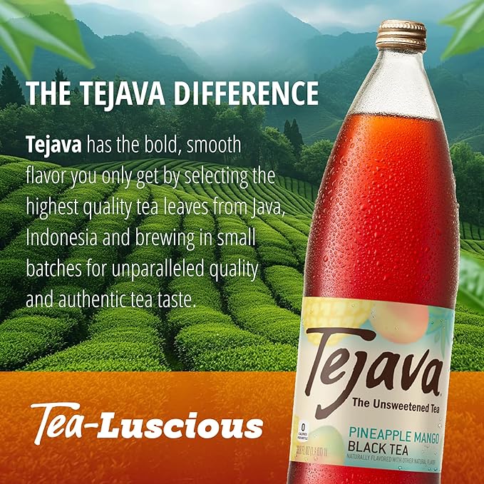 Tejava Pineapple Mango Black Iced Tea 12 Pack 1 Liter Glass Bottles Unsweetened Non-GMO Kosher No Sugar or Sweeteners No calories No Preservatives Brewed in Small Batches