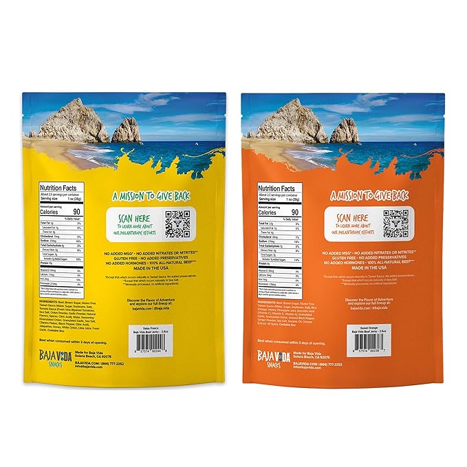 BAJA BEEF Jerky Snack Packs - Beef Jerky Variety Pack Beef Jerky Gifts for Men Beef Jerky Sampler High Protein Craft Jerky Assortment Gluten Free - Sweet Orange &amp Salsa Fresca 2.5 Oz (4 Pack)