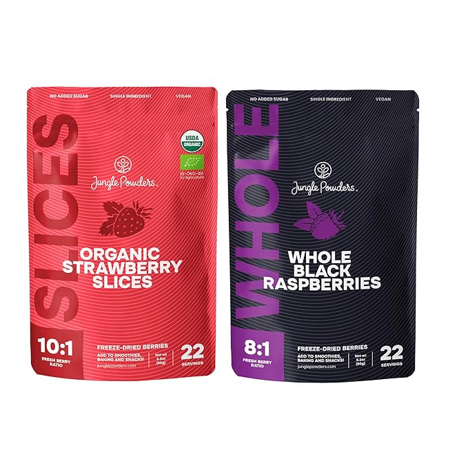 Jungle Powders Freeze Dried Strawberries Organic USDA Certified Strawberry Slices 3.2 Ounce Bag + Whole Black Freeze Dried Raspberries 3.2 Ounce Bag - Dried Fruit Healthy Snacks for Kids