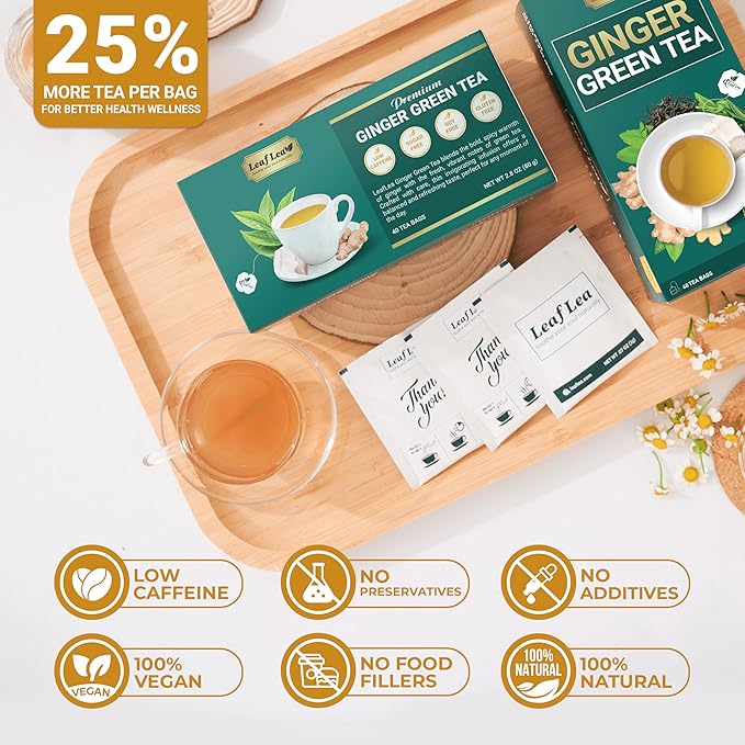 LeafLea Ginger Green Tea 120 Tea Bags Premium Green Tea Blend with Pure Ginger Root Supports Digestive Wellness Natural Flavor Low Caffeine Sugar-Free