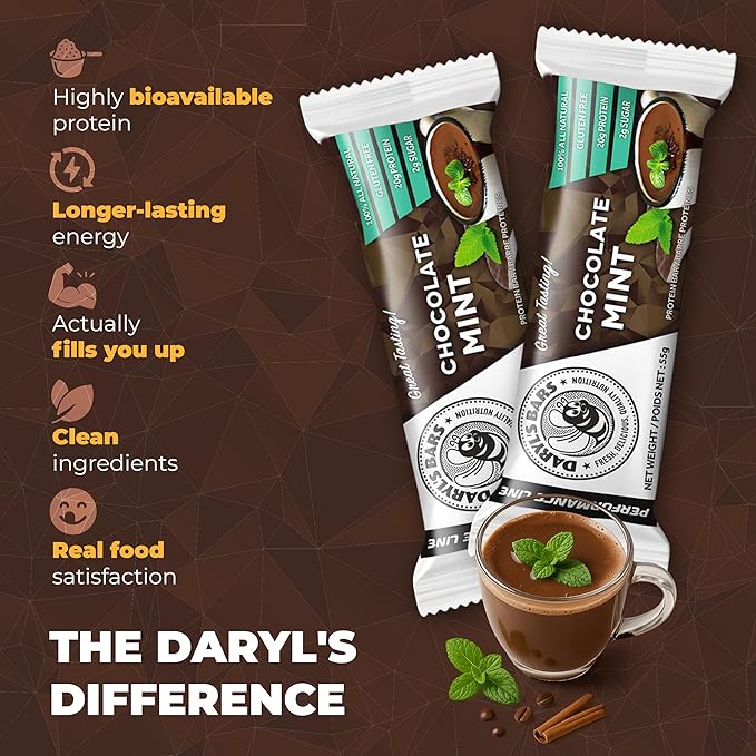 Daryl's Bars Chocolate Mint On the Go Whey Protein Bars Gluten Free Low Sugar 20gr of Protein Snack Meal Replacement Pack of 1