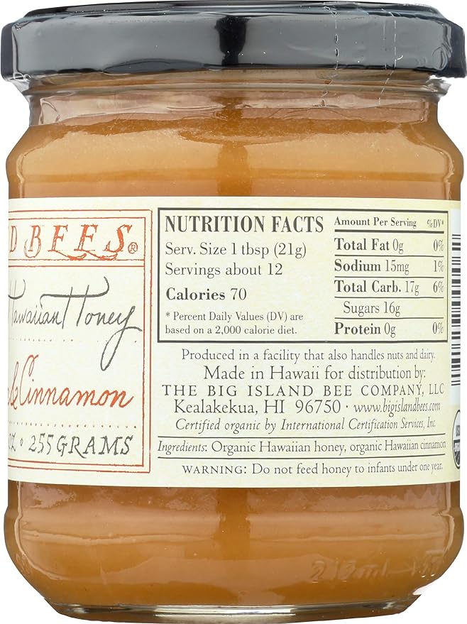 Organic Lehua and Cinnamon Raw Honey by Big Island Bees (9 oz Glass Jar)