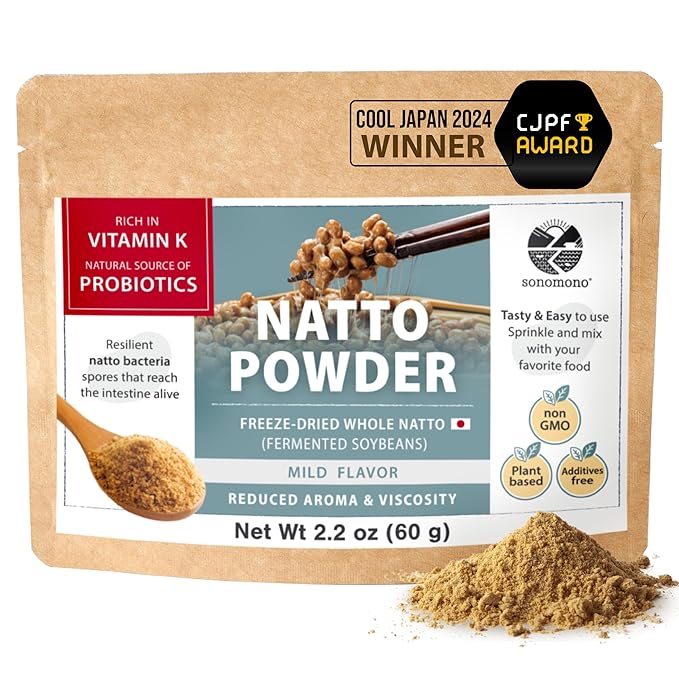 sonomono Japanese Natto Mild Flavor Fermented Soybean Powder. Traditional superfood Freeze-Dried Non-GMO Vegan. Natural Source of Probiotics Prebiotics Vitamin K. Made in Japan 60 g