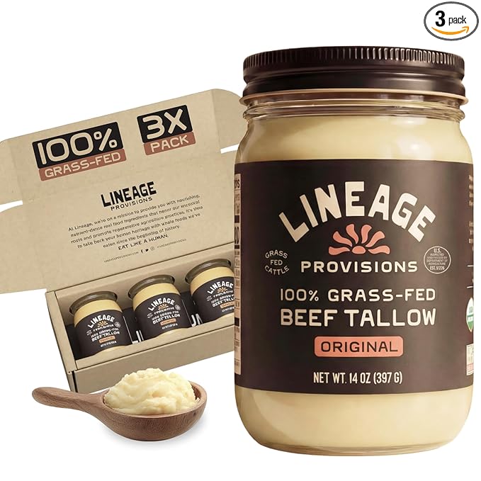 Lineage Provisions - 100% Grass-Fed &amp Finished Beef Tallow – 3-Pack Glass Jars – US-Raised Cattle – Nose-to-Tail Rendered – Cooking Oil Alternative Keto &amp Paleo Friendly