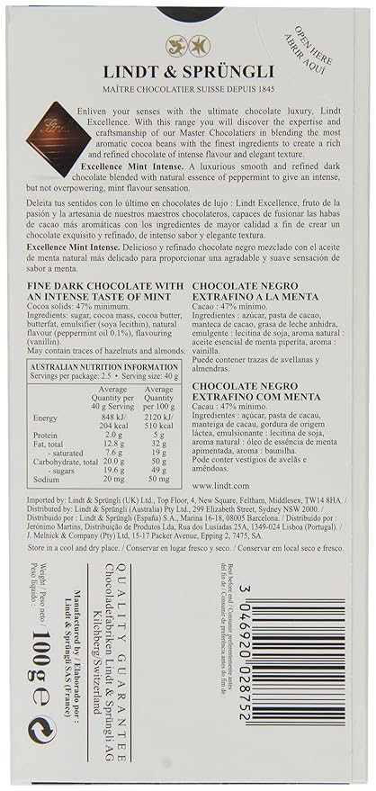 Lindt - Excellence - Mint Intense - 100g (Pack of 5)