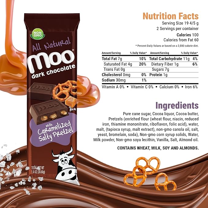 Moo Chocolates All Natural Dark Chocolate Large Bars with Caramelized Salty Pretzel 1.4 oz 14 ct (Pack of 1) | 110 Calorie Snacks for On-the-Go Lunchboxes Office