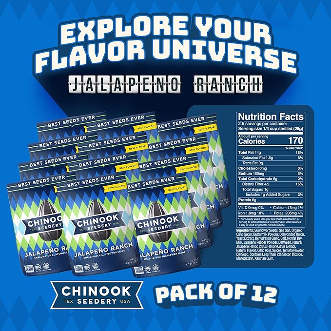 Chinook Seedery Sunflower Seeds to Eat — Jumbo Flavored Roasted Low Sodium Snacks — Keto Friendly Gluten-Free Non-GMO — Jalapeno Ranch Flavor 4 oz (12-Pack)