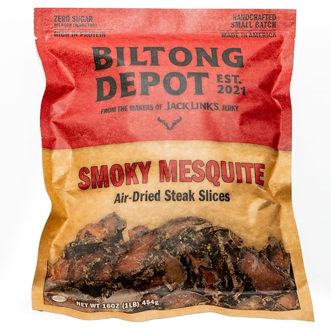 Biltong Depot Smoky Mesquite Biltong Slices - 1lb (16oz) | Air-Dried Beef Jerky Snack | High Protein | Paleo and Keto friendly | Zero Sugar | Gluten Free | No Artificial Preservatives | No MSG