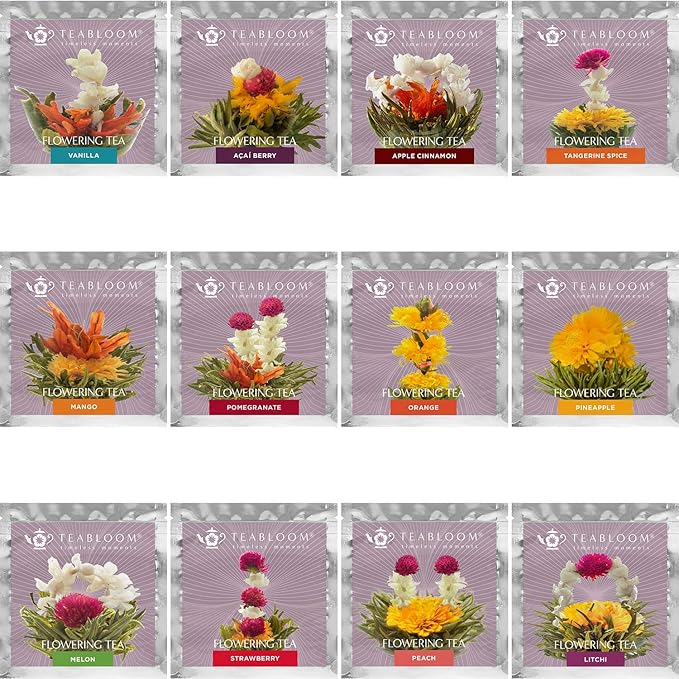 Teabloom Fruit Blooming Teas – 12 Unique Flower Varieties of Tea in 12 Delicious Fruit Flavors – Each Flowering Tea Ball Steeps Up to 3 Times