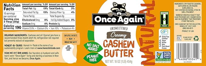 Once Again Natural Creamy Almond Butter 16oz - Roasted Salt Free Unsweetened Gluten Free Certified Peanut Vegan Kosher Paleo Glass Jar 2 Pack 32 Ounce