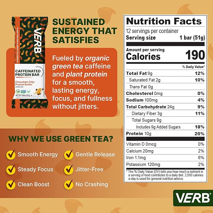 Verb Energy - Caffeinated Protein Bars Chocolate Chip Peanut Butter 10g Plant Based Protein Bars High Protein - Vegan Snack - Gluten Free Breakfast Snack with Organic Green Tea 51g (Pack of 12)