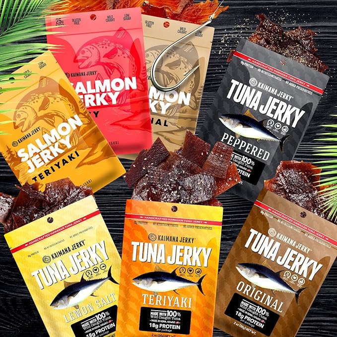 Kaimana Jerky Ahi Tuna &amp Salmon Sampler Pack - All Natural &amp Wild Caught Fish Jerky. Made in USA. 23g Protein Omega-3's and Low Sugar
