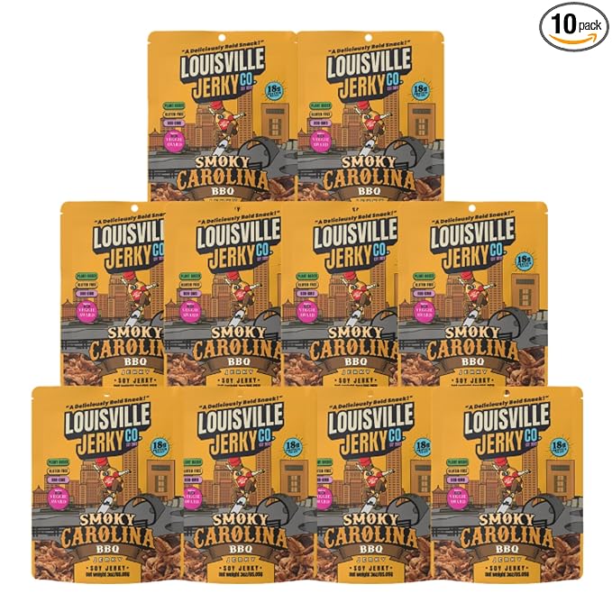 Louisville Jerky Co. Sweet &amp Smoky Carolina Mustard BBQ Vegan Jerky Plant Based Protein Snack (3 Ounce 10-Pack) – Smoky Southern BBQ Flavor Gluten-Free Vegetarian