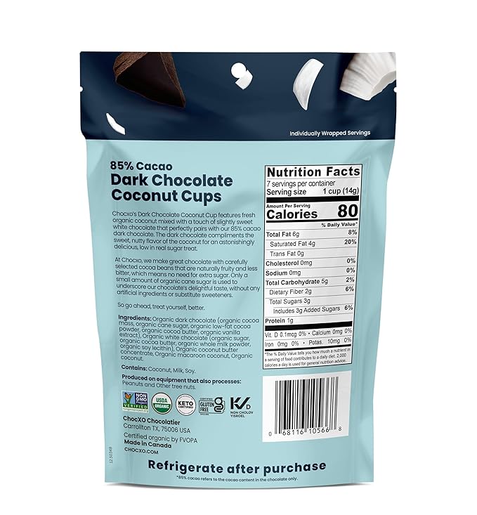 Chocxo Dark Chocolate Coconut Cups - Low in Sugar Organic 85% Cacao Non-GMO Keto Certified Gluten Free &amp Kosher. No Artificial Sweeteners or Sugar Alcohols 3.45 oz (Pack of 6)
