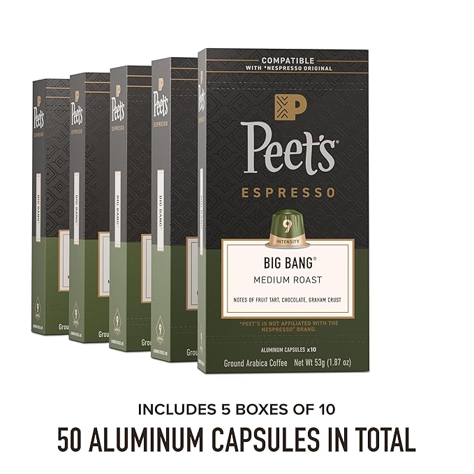Peet's Coffee Medium Roast Espresso Capsules Compatible with Nespresso Original Machines 100% Arabica Coffee - Big Bang Intensity 9 50 Count (5 Boxes of 10 Espresso Capsules)