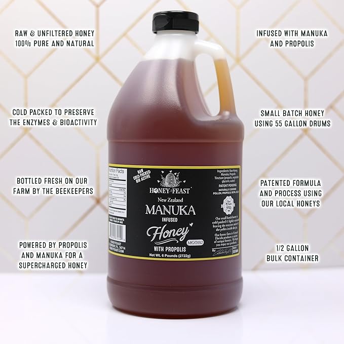 HONEY FEAST Propolis Infused Raw Manuka Honey 6 Pound (Pack of 4) – New Zealand Manuka Blend with Propolis MGO182 Patent Pending Formula
