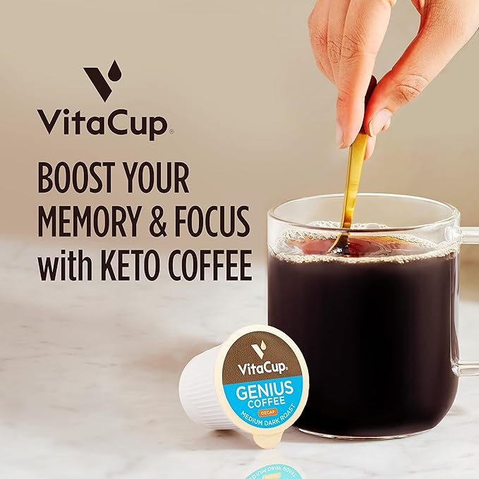 Decaf Genius Keto Coffee Pods with MCT Oil Turmeric and B Vitamins by VitaCup for Focus in Single Serve Pod Compatible with K-Cup Brewers Including Keurig 2.0 32 CT