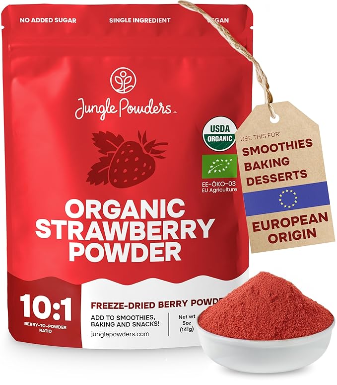 Jungle Powders Strawberry Powder Organic 5 Ounce Bag Freeze Dried Dehydrated Powdered Strawberries Strawberry Seasoning for Baking and Decorating Dry Fruit Extract