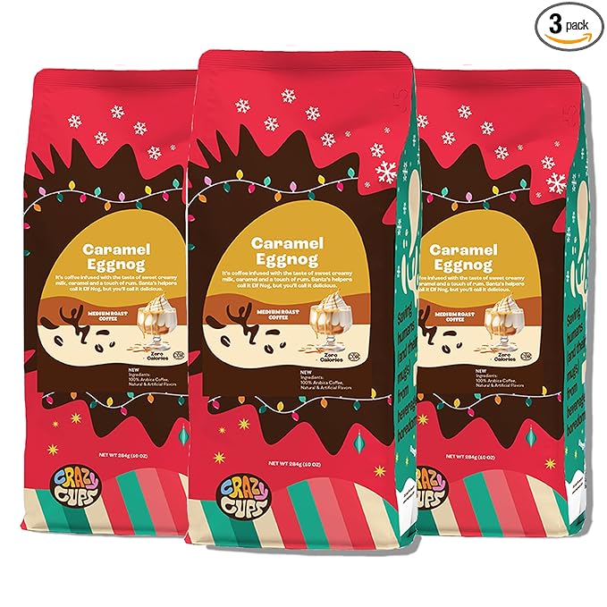 Crazy Cups Flavored Ground Eggnog Coffee Caramel Eggnog in 10 oz Bag 3 Pack