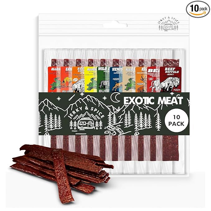Jerky-n-Spice Exotic Jerky Variety Pack (10 Count) | Beef Jerky Gifts for Men | Assorted High Protein Meat Snacks | Premium Gourmet Wild Game Sampler | Ideal for Birthday Road Trip &amp Camping
