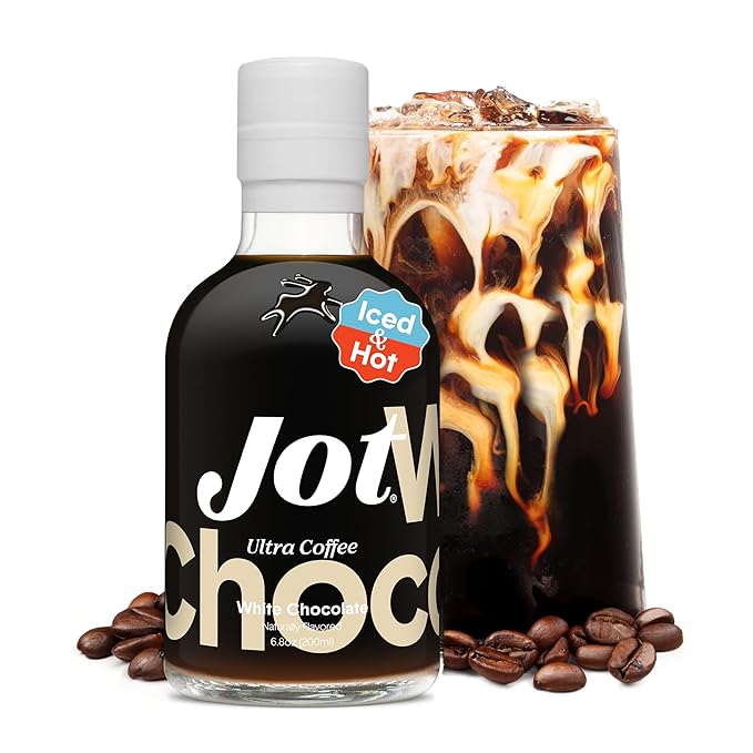 Jot Coffee Concentrate (White Chocolate) High Caffeine Cold Brew Coffee Concentrate Liquid for Iced Coffees Instant Espresso Hot Cold Instant Coffees - Makes 14 Cups 150mg Caffeine/Tbsp No Sugar