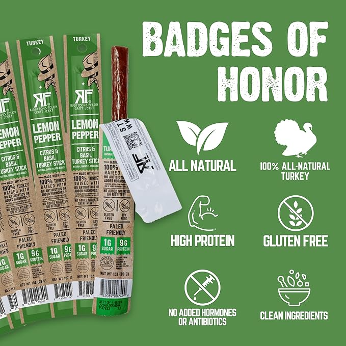 Righteous Felon Meat Sticks | 100% Turkey | 9g Protein per Stick | Keto Gluten-Free Low Sugar High Protein Snack Sticks | Individually Wrapped | Lemon Pepper Turkey Sticks 24 Count