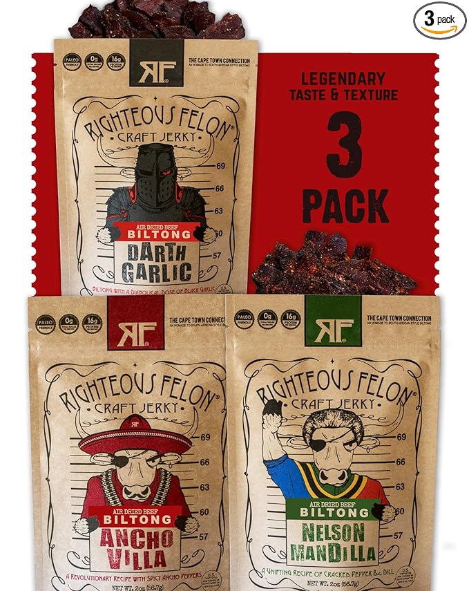 Righteous Felon Biltong Beef Jerky Variety Pack | South African Biltong Snack Packs for Adults | High Protein Keto-Friendly Low Sugar | Made with Premium Meats | Beef Jerky Gifts for Men | 3 Pack