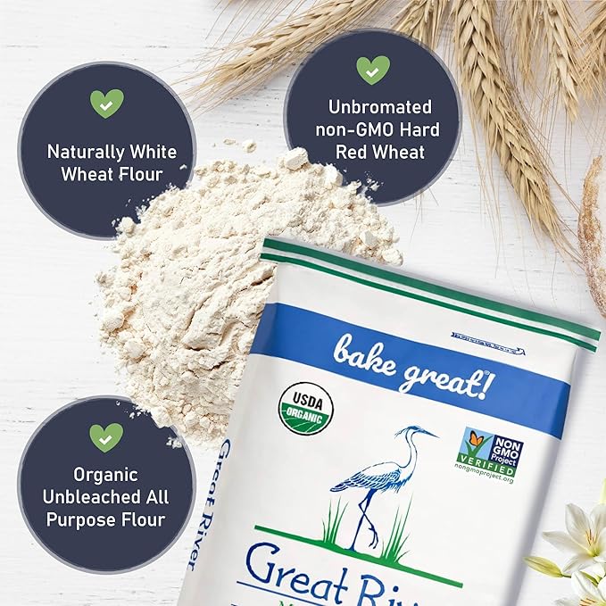 Great River Milling Lily White Organic All-Purpose Flour | Unbleached &amp Unbromated | Non-GMO Kosher | Ideal for Bread Cookies Cakes Pizza Dough &amp Everyday Baking | 25 Lb