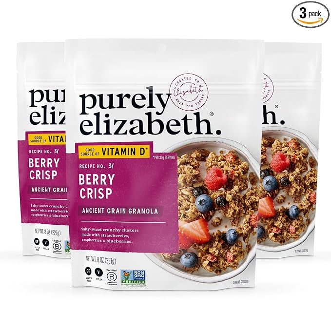 Purely Elizabeth Berry Crisp Granola wit Vitamin D Made with Organic Oats and Ancient Grains Gluten-Free Non-GMO (3 Ct 8oz Bags)