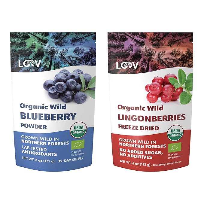 Bundle – 2 items: LOOV Organic Wild Blueberry Powder and Freeze Dried Organic Wild Lingonberries