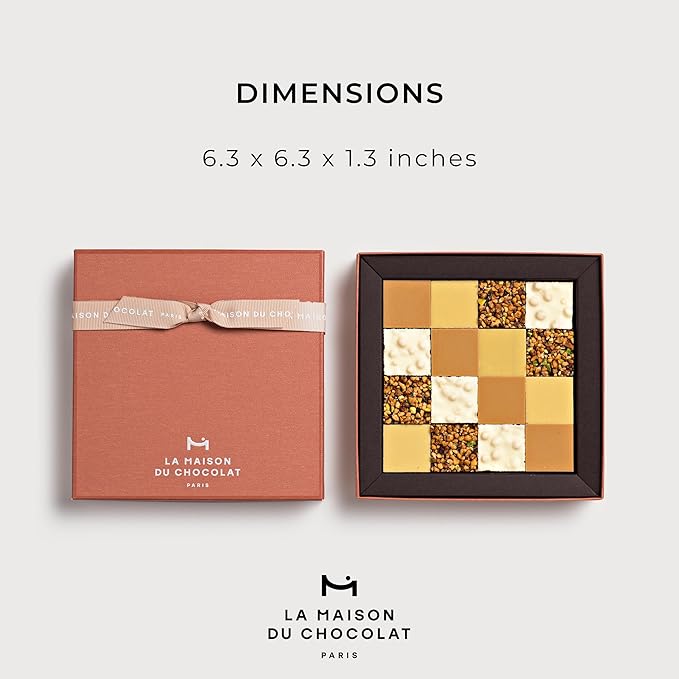 LA MAISON DU CHOCOLAT Gourmet Squares Gift Box Premium Dark White and Milk Chocolate Bars Gift Box - Gourmet French Chocolate Squares (16 Pieces)