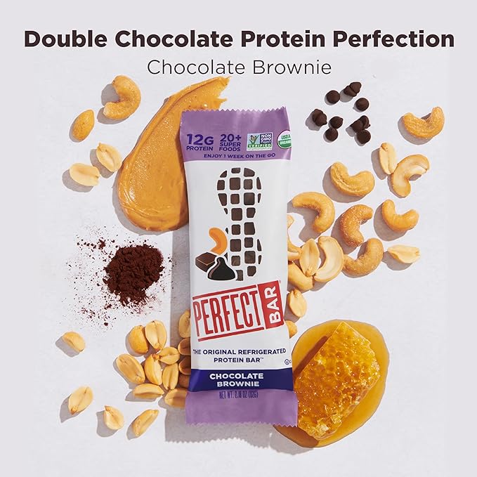 Perfect Bar Chocolate Brownie Protein Bar Organic Gluten Free Soy Free Non GMO No Sugar Alcohols 2.2 Ounce Bar 10 Count