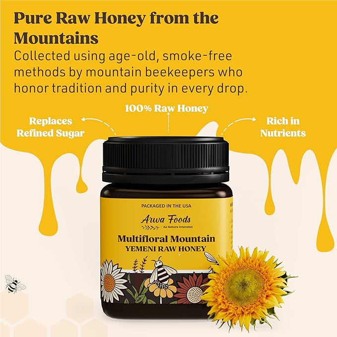 Arwa Foods Multifloral Mountain Yemeni Raw Honey - Royal Yemeni Raw honey from Wadi of Douan - Sealed &amp Packaged in USA - 100% Unfiltered Raw &amp Pure Honey (8.82 oz)