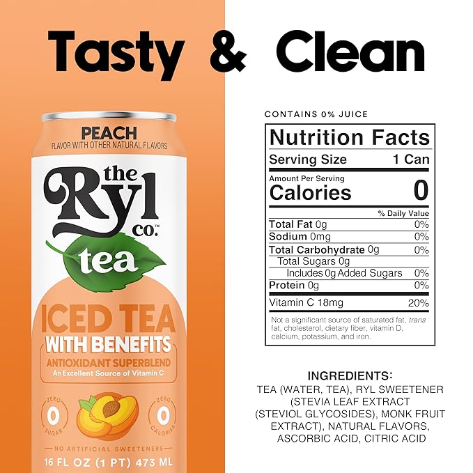 Ryl Iced Tea Peach Antioxidant Superblend Zero Sugar Low Carb Zero Calorie Iced Tea 16.0 Fl Oz (12-Pack)