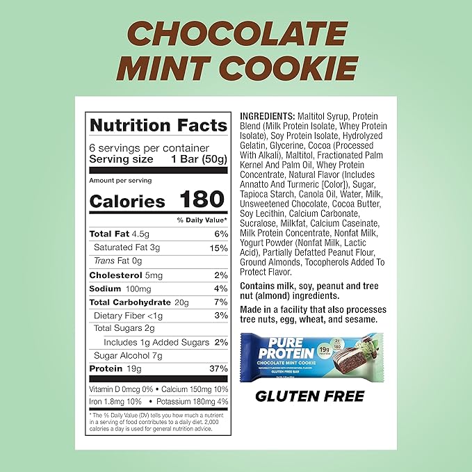 Pure Protein Bars High Protein Nutritious Snacks to Support Energy Low Sugar Gluten-free Chocolate Mint Cookie1.76oz 6 Pack