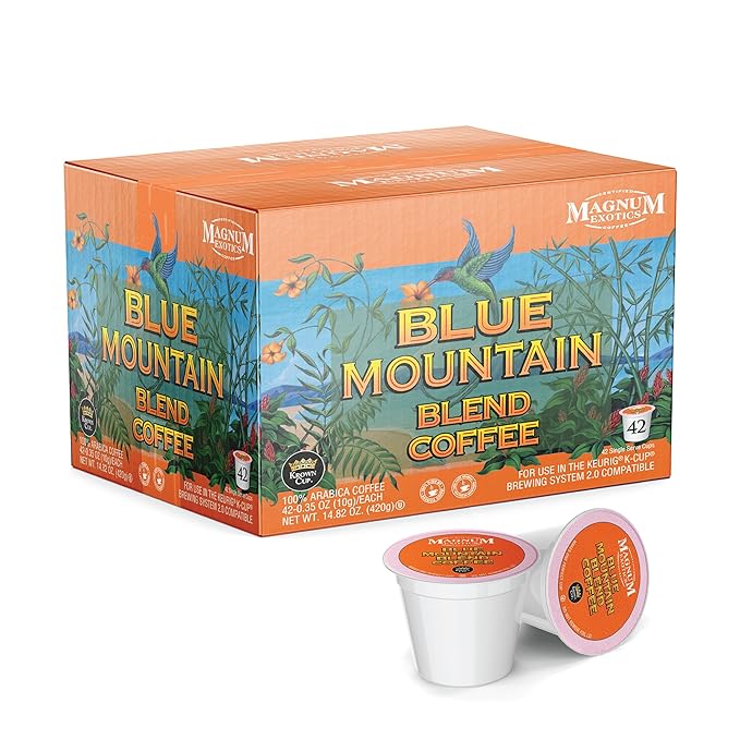 Magnum Exotics Coffee Blue Mountain Blend - Light-Medium Roast Ground Coffee Pods Single Serve Made With 100% Arabica Beans Freshly Roasted Mild Acidity - 42 Count (Pack of 1)