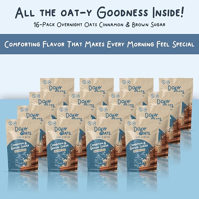 Dozy Oats Overnight Oatmeal Packets Cinnamon and Brown Sugar Multipack with Rolled Oats and Chia Seeds. Gluten-Free Natural Source of Protein and Fiber 16-Pack
