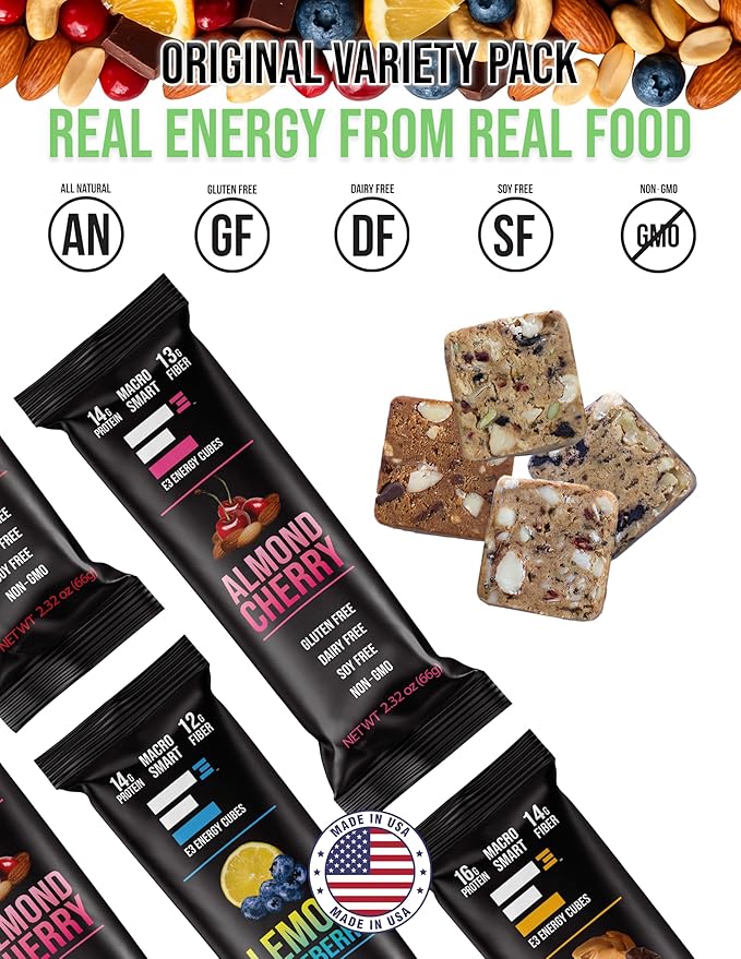 E3 Energy Cubes- Original Variety Pack - 3 of Each Original Flavor- Refrigerated Protein Bars | Healthy Snack Bars Gluten Free Dairy Free Soy Free | Made in USA Pack of 12