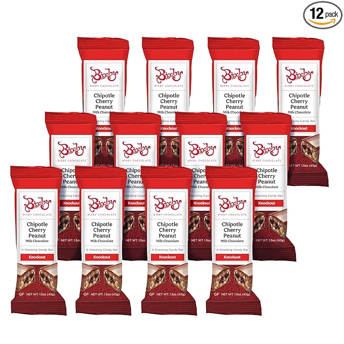 Bixby 12 Bars of Gluten Free Milk Chocolate - Chipotle Peanut and Cherry Bulk Chocolate Bars - Non GMO Kosher Protein Snack with Clean Ingredients - Pack of 12 Gourmet Candy Bars 1.5oz each