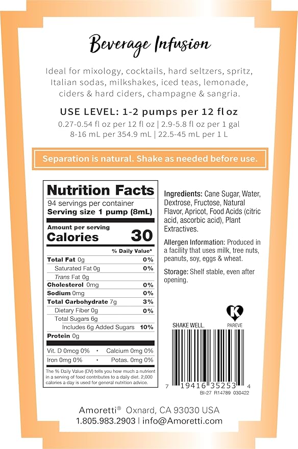 Amoretti - Armenian Apricot Beverage Infusion 94 Servings Per Bottle (750 ml) - Drink Mix &amp Water Enhancer with Pump for Flavoring Cocktails Waters Teas and other Beverages Preservative Free