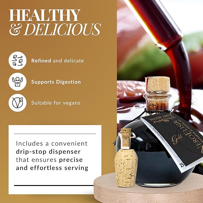 MANICARDI Balsamic Vinegar of Modena PGI - Dense Gold Elisir with Drip-Stop Dispenser Perfect for Snacks Pasta Vegetables Salad Dressings Meat - Made in Italy 8.45 Fl Oz (250 ml)