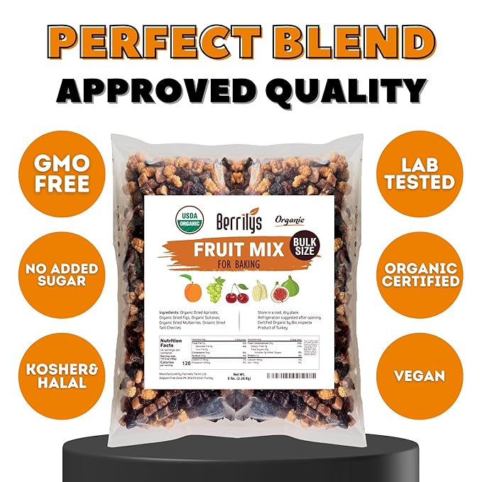 Fruit Mix Organic 5 Lbs Berrilys Dried Fruits Diced Figs Diced Apricots White Mulberries Sultanas Sour Cherries No Sugar Added Trail Mix for Baking and Snacking