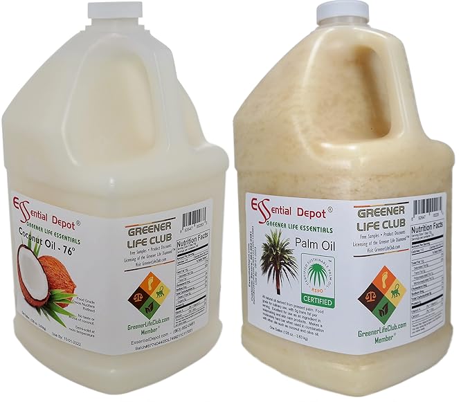 1 Gallon COCONUT Oil 76F + 1 Gallon RSPO Sustainable Not Hydrogenated PALM Oil Combination Pack - Food Grade - Safety Sealed Resealable HDPE Containers Microwave Safe (remove foil seal) Freezer Safe