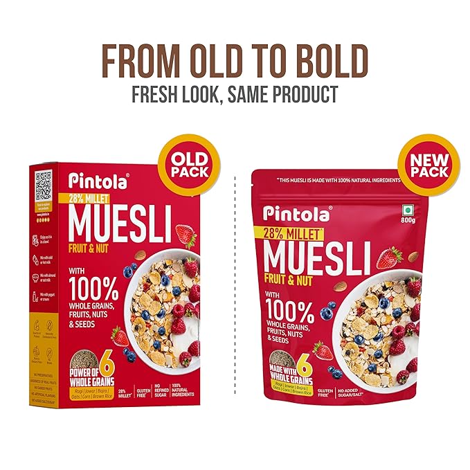 Pintola Fruit &amp Nut Muesli with 28% Millet &amp 68% Wholegrains (800g) Healthy-Fruity Breakfast cereal with 6 nuts dried fruits &amp Dates No Preservatives No added sugar|Rich in Dietary Fib