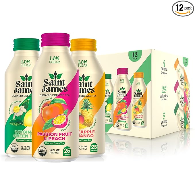 Saint James Iced Tea - Organic Green Tea - Non GMO Gluten Free Low Calorie &amp Low Sugar - Variety Green Tea Flavors 12 Pack (16.9 fl oz each) | Non GMO Gluten Free Low Calorie Low Sugar