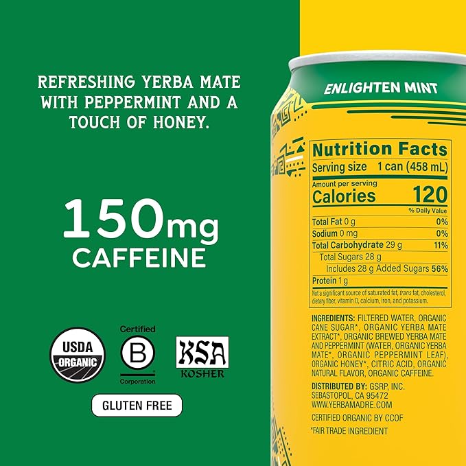 Yerba Madre Organic Yerba Mate Energy Drink Alternative Full-Sugar Variety Pack 150mg Plant Based Caffeine Smooth Energy &amp Focus No Jitters or Crash 15.5oz Cans (Pack of 12)