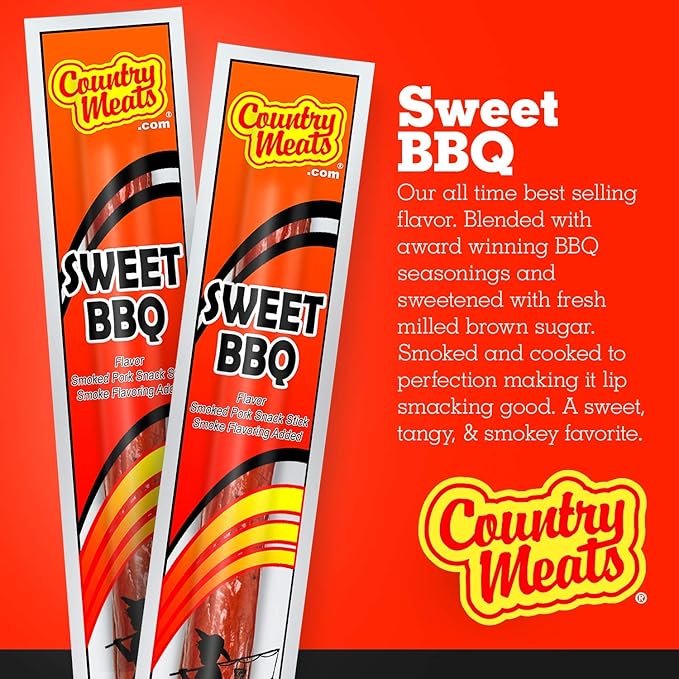 Country Meats Meat Sticks 0 Trans Fat USDA Certified Good Source of Protein Carb Conscious Snack (24 Meat Sticks Sweet BBQ)