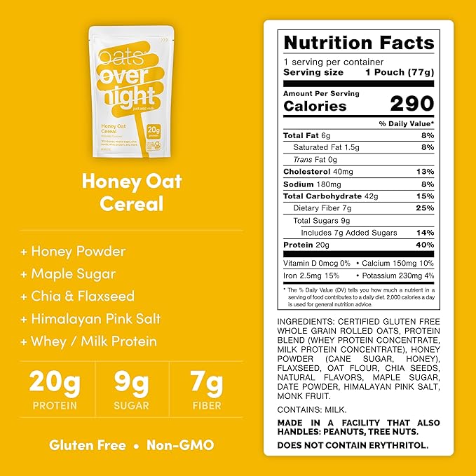 Oats Overnight Honey Oat Cereal - Overnight Oats with 20g Whey Protein High Fiber Breakfast Protein Shake - Gluten Free Oatmeal Non GMO High Protein Oatmeal (2.7 oz per Meal) (16 Pack)