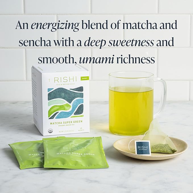 Rishi Tea Matcha Super Green Japanese Tea - Organic Caffeinated Sachet Bags Umami Antioxidant Rich Sencha &amp Matcha Blend - 15 Count (Pack of 6)