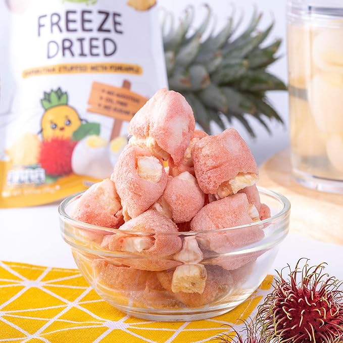 Thappy Fruit Freeze Dried Rambutan Stuffed with Pineapple Delight – No Additives Oil-Free Sugar-Free Tropical Snack 0.53oz (Pack of 12)